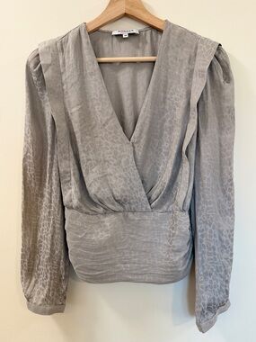 Morgan de Toi Gray Leopard Wrap Blouse Ruched Top - Size Small